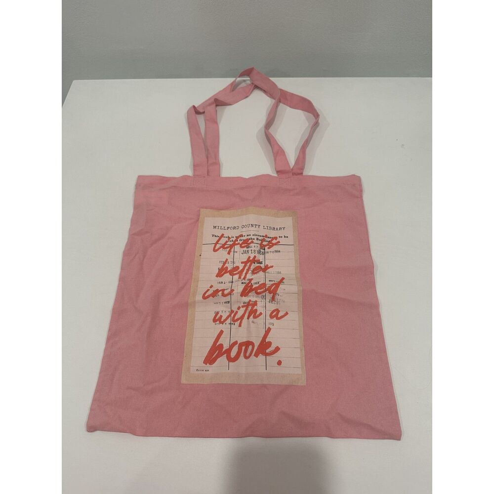 Pink Book Lover Tote Bag Library Card “Life Is Better in Bed With a Book”